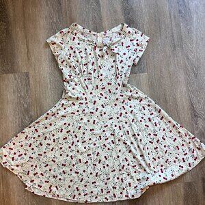 Heartbreaker Rockabilly Dress - Cream with Cherry & Leaf Print - Women's Large